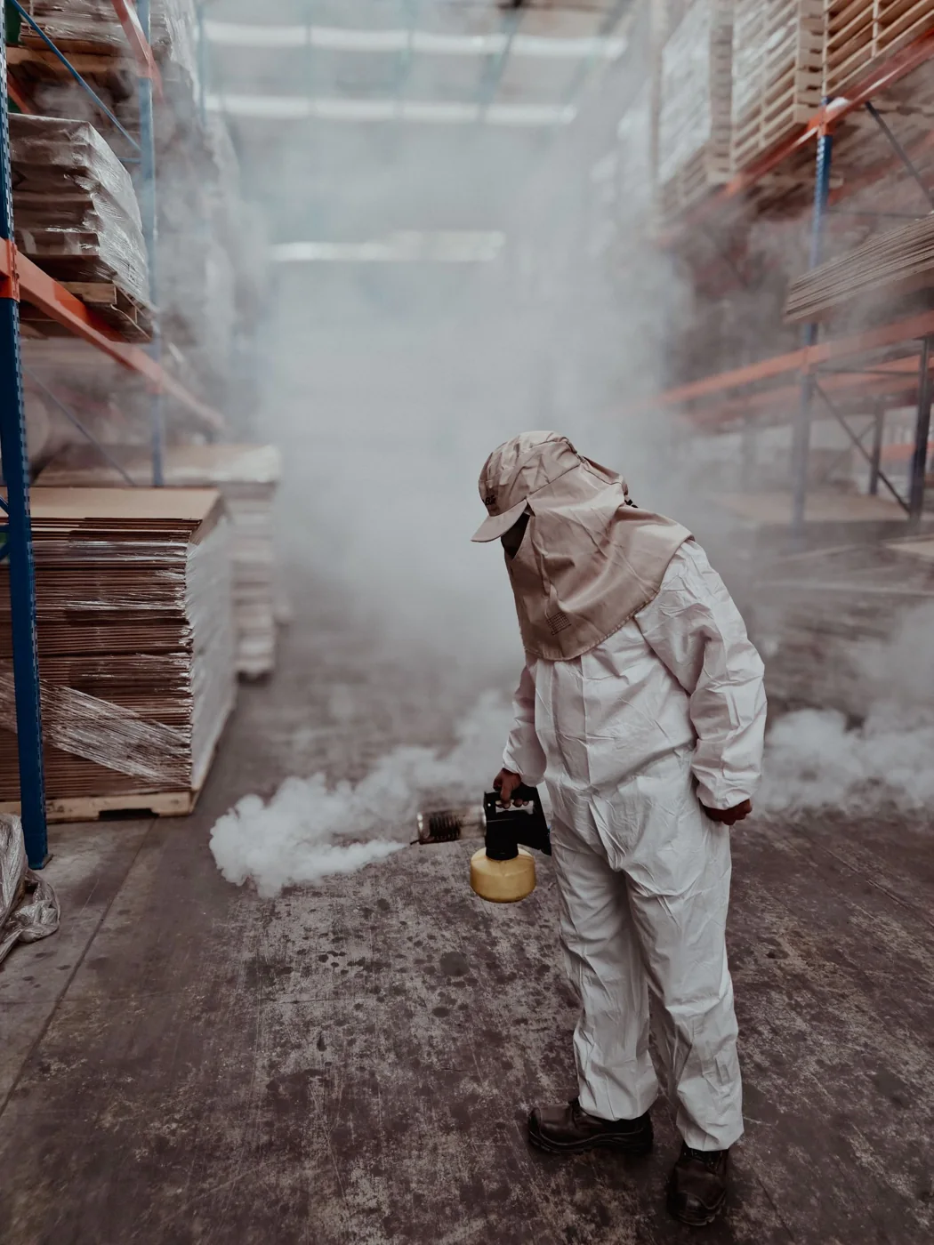 Técnico realizando un servicio profesional de fumigación en un almacén